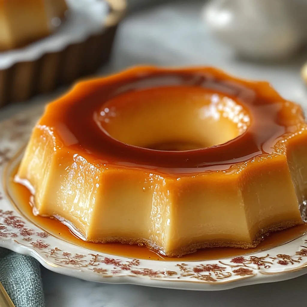 Flan de maicena cremoso servido en plato blanco con caramelo brillante