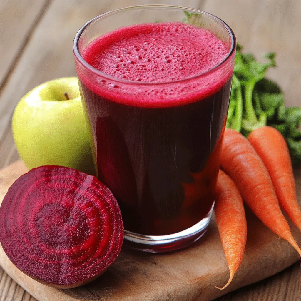 Vaso de jugo de remolacha y zanahoria servido con hielo y rodaja de limón