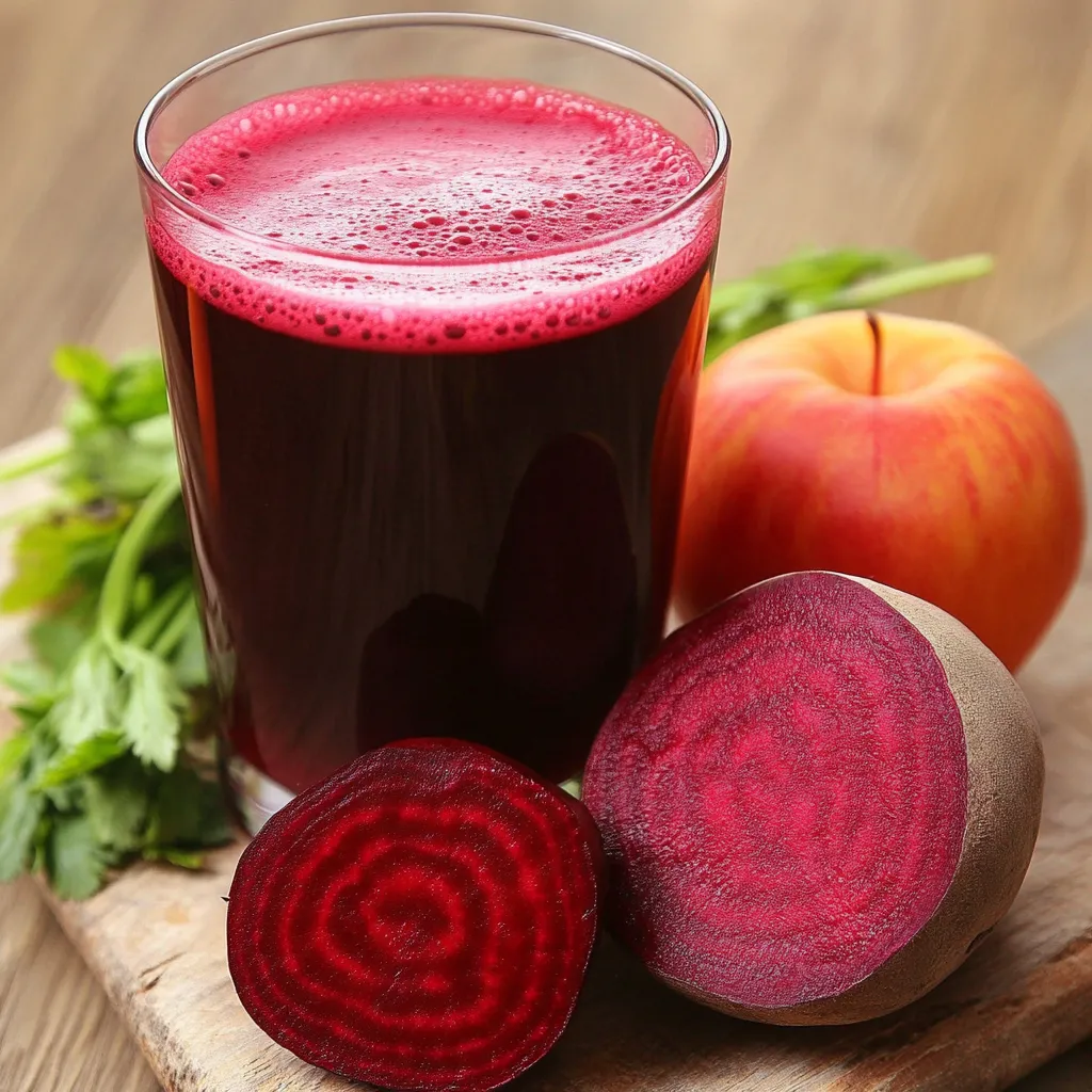 Vaso de jugo de remolacha y zanahoria servido con hielo y rodaja de limón