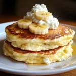 Panqueques dorados y esponjosos de plátano con queso cottage y frutas frescas
