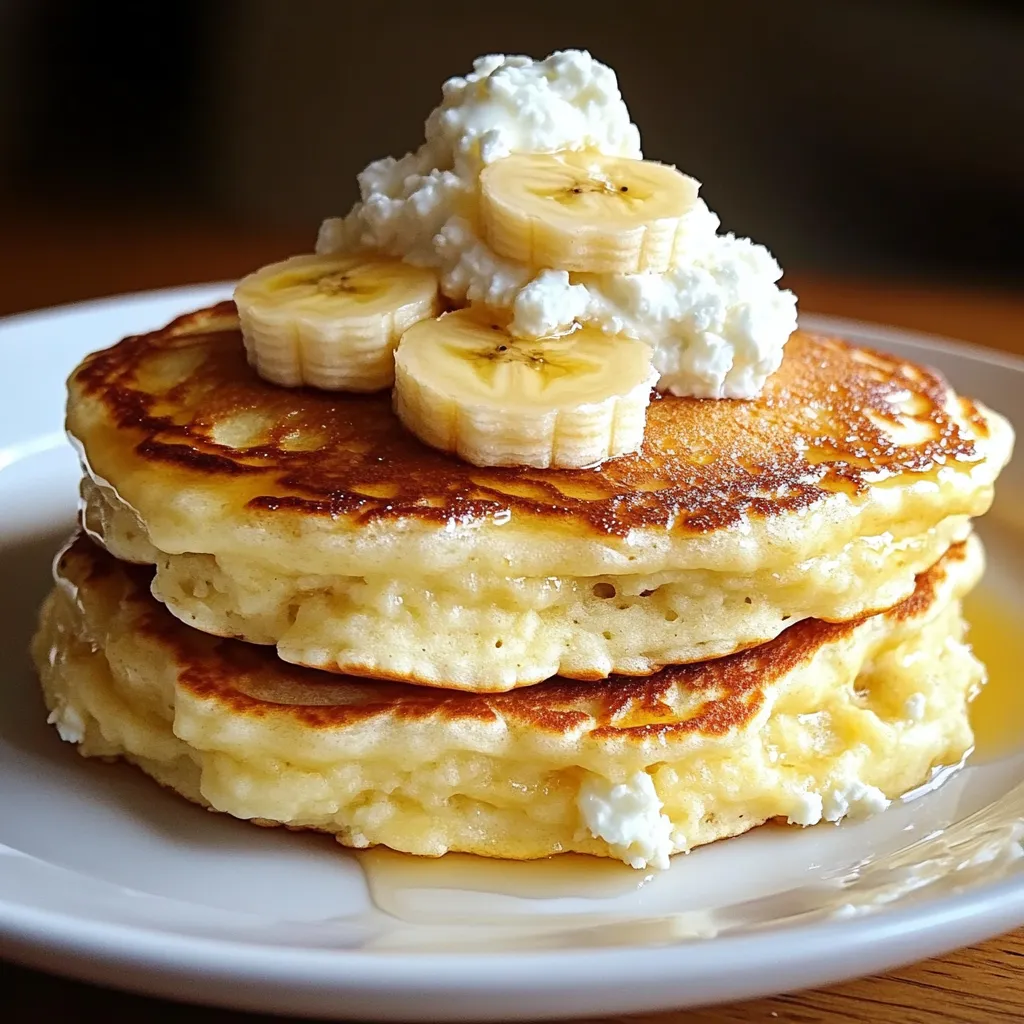 Panqueques dorados y esponjosos de plátano con queso cottage y frutas frescas