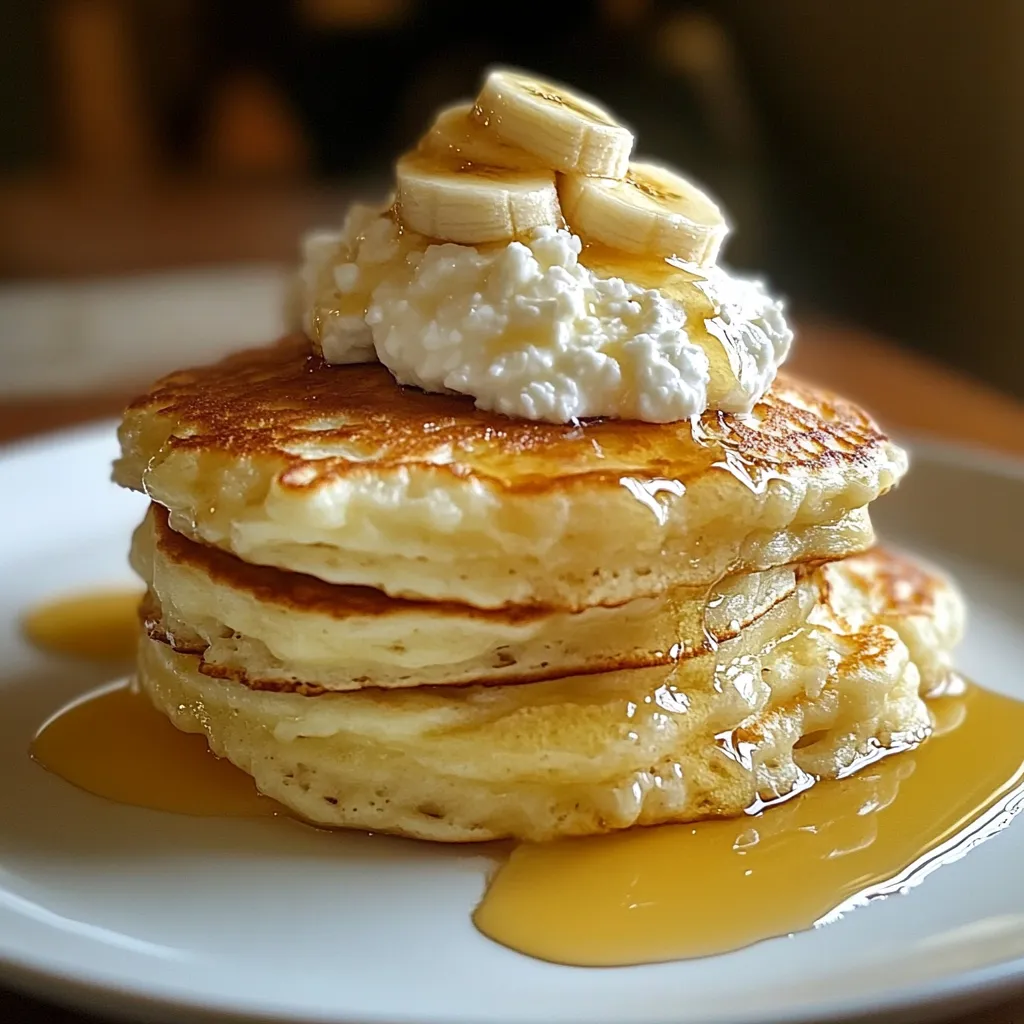 Panqueques dorados y esponjosos de plátano con queso cottage y frutas frescas