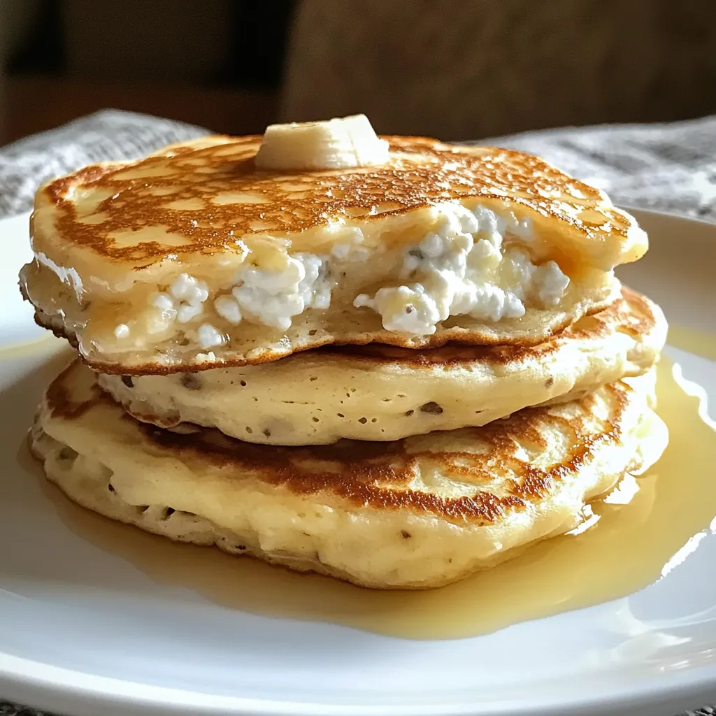 Panqueques dorados y esponjosos de plátano con queso cottage y frutas frescas