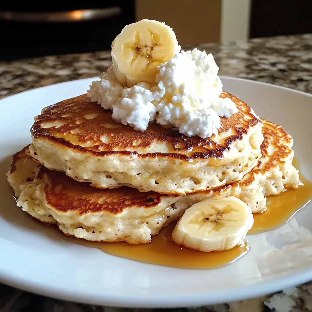 Panqueques dorados y esponjosos de plátano con queso cottage y frutas frescas