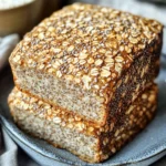 Pan casero de avena y chía sin harina recién horneado en rebanadas sobre tabla de madera