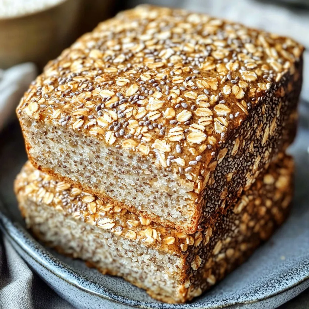 Pan casero de avena y chía sin harina recién horneado en rebanadas sobre tabla de madera