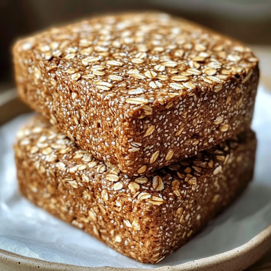 Pan casero de avena y chía sin harina recién horneado en rebanadas sobre tabla de madera