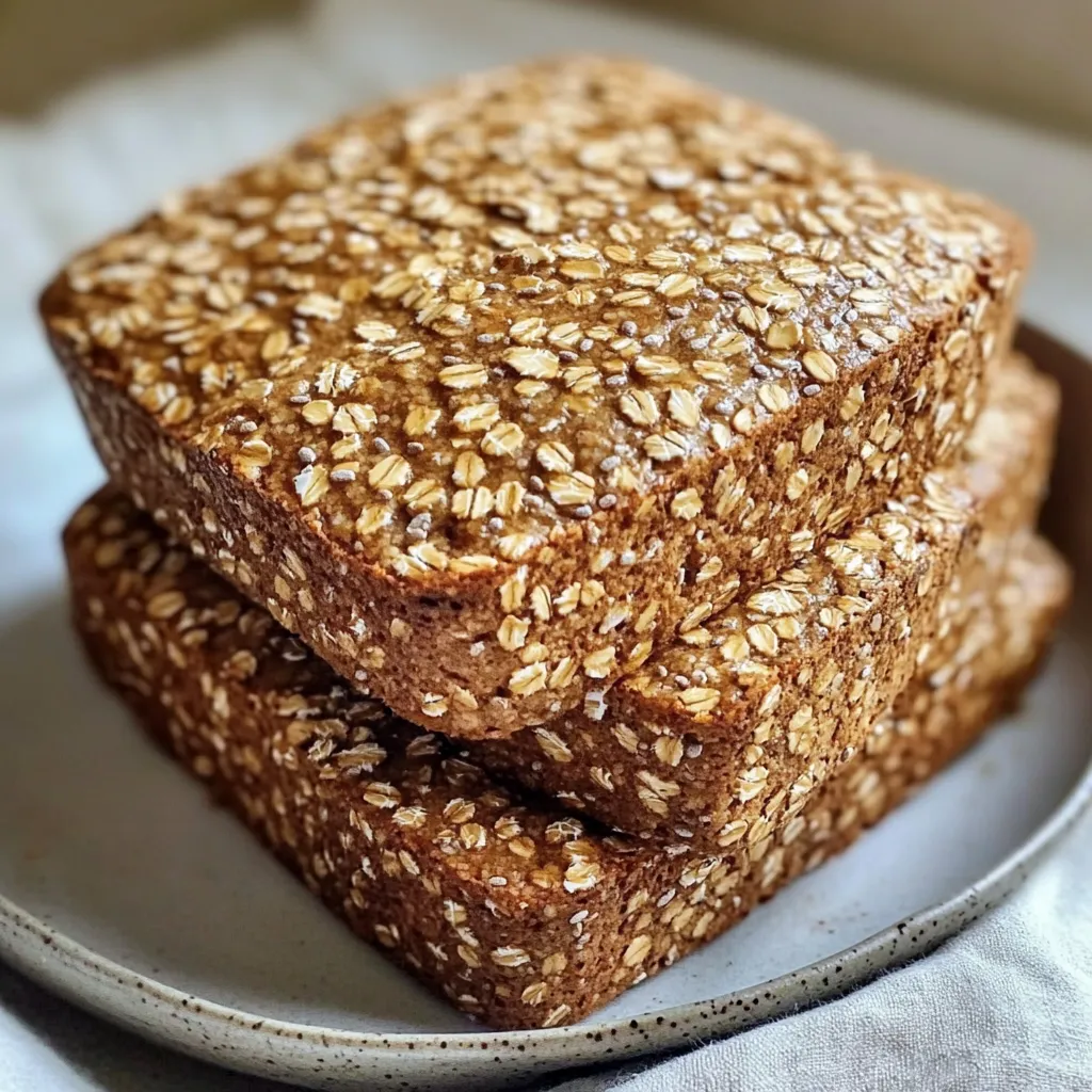 Pan casero de avena y chía sin harina recién horneado en rebanadas sobre tabla de madera