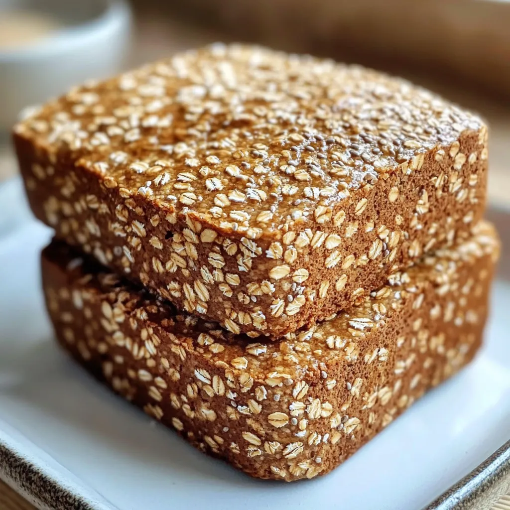 Pan casero de avena y chía sin harina recién horneado en rebanadas sobre tabla de madera