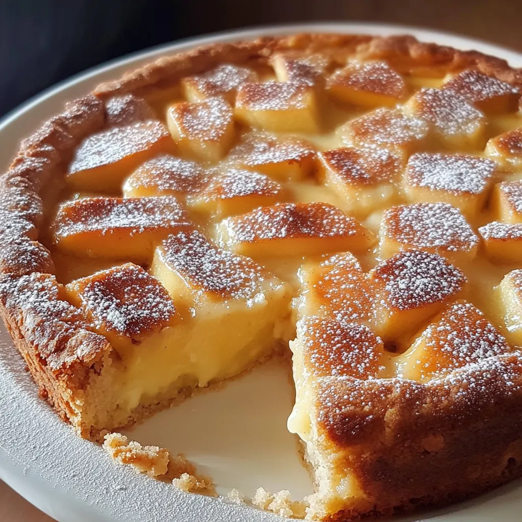 Pastel de Manzana Sueco recién horneado sobre una tabla de madera con manzanas frescas al fondo.