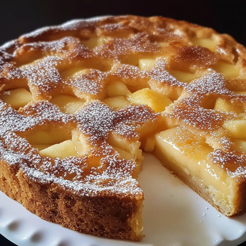 Pastel de Manzana Sueco recién horneado sobre una tabla de madera con manzanas frescas al fondo.