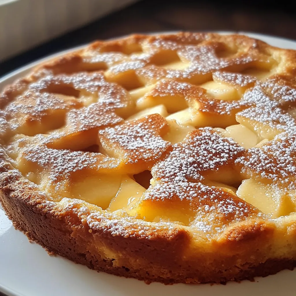 Pastel de Manzana Sueco recién horneado sobre una tabla de madera con manzanas frescas al fondo.
