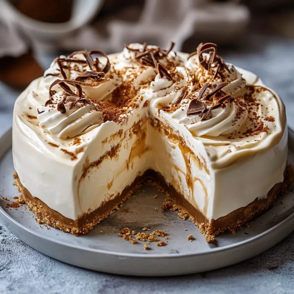 Tarta cremosa de café sin horno servida en un plato blanco con virutas de chocolate por encima