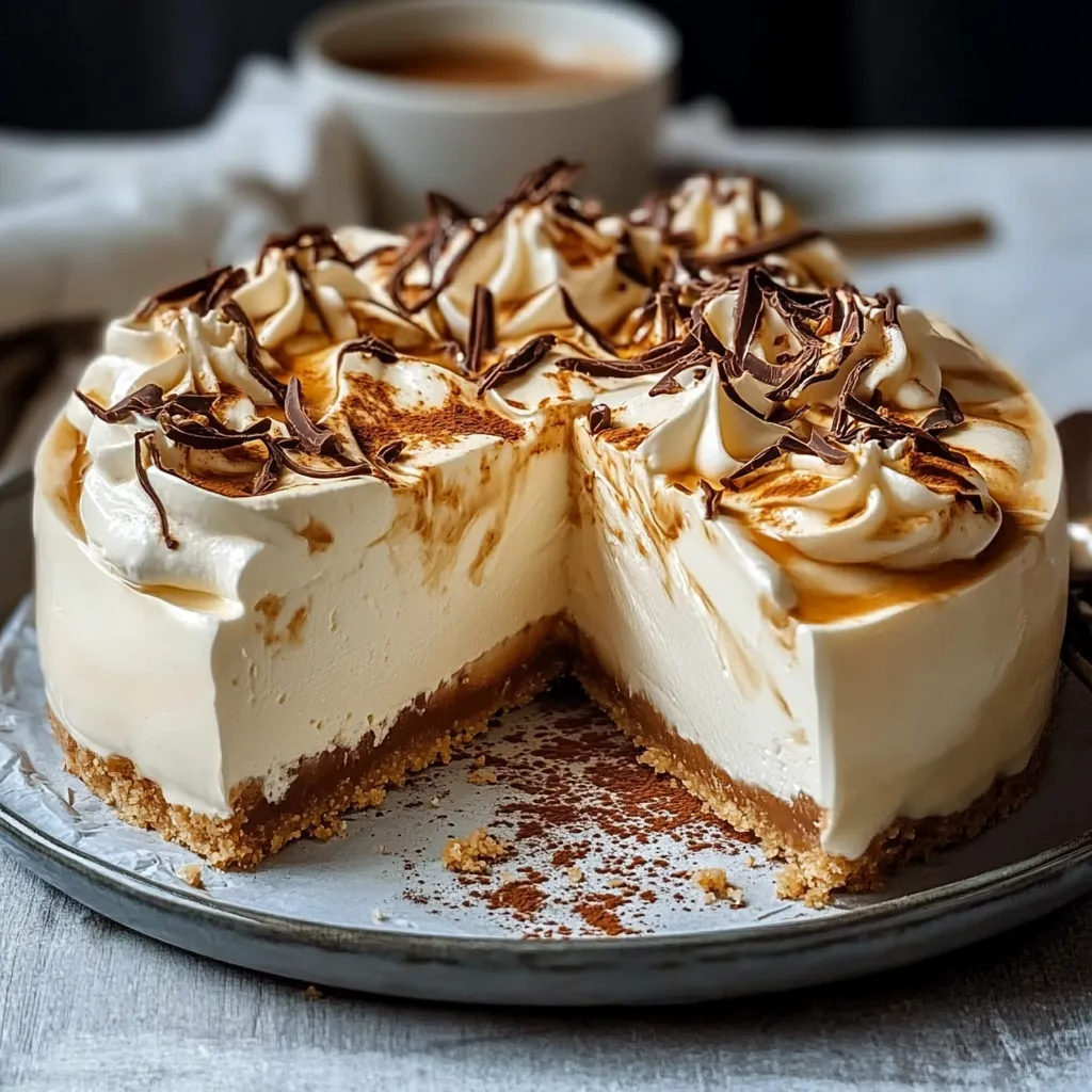 Tarta cremosa de café sin horno servida en un plato blanco con virutas de chocolate por encima