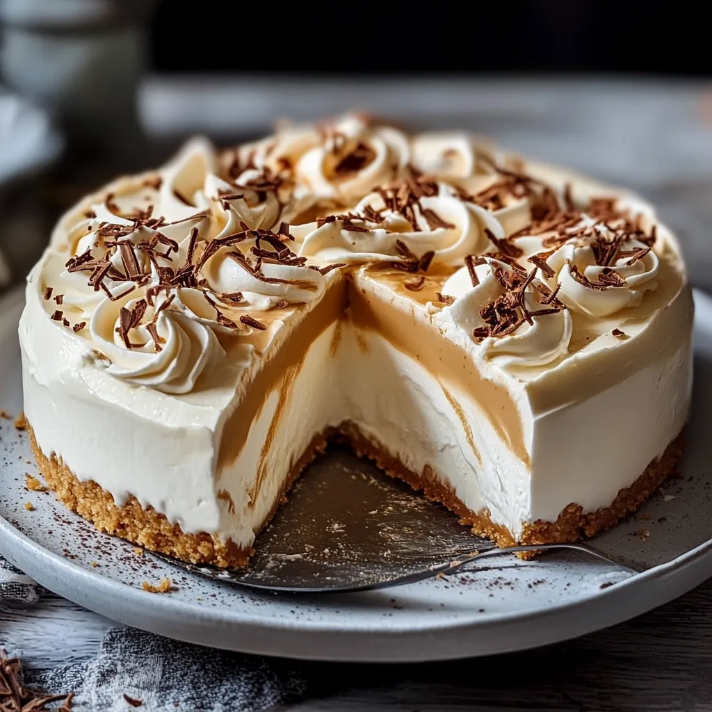 Tarta cremosa de café sin horno servida en un plato blanco con virutas de chocolate por encima