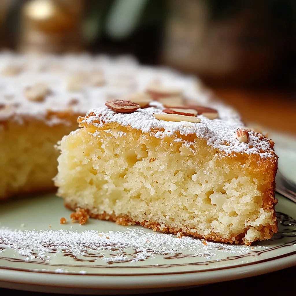 Pastel Un Bocado al Cielo sobre plato blanco con almendras laminadas y azúcar glas