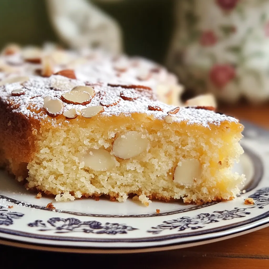 Pastel Un Bocado al Cielo sobre plato blanco con almendras laminadas y azúcar glas