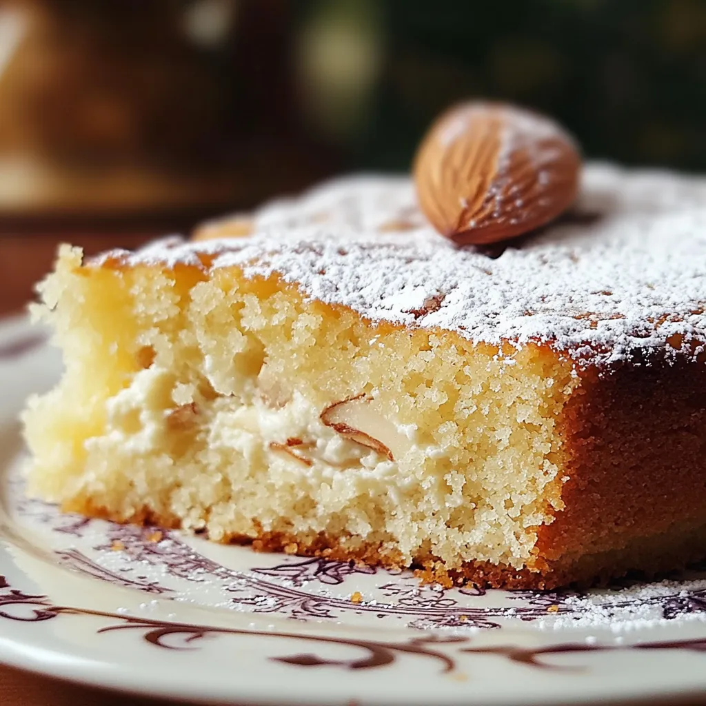 Pastel Un Bocado al Cielo sobre plato blanco con almendras laminadas y azúcar glas