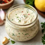 Aderezo cremoso de ajo casero en un frasco de vidrio, acompañado de cucharas y hierbas frescas