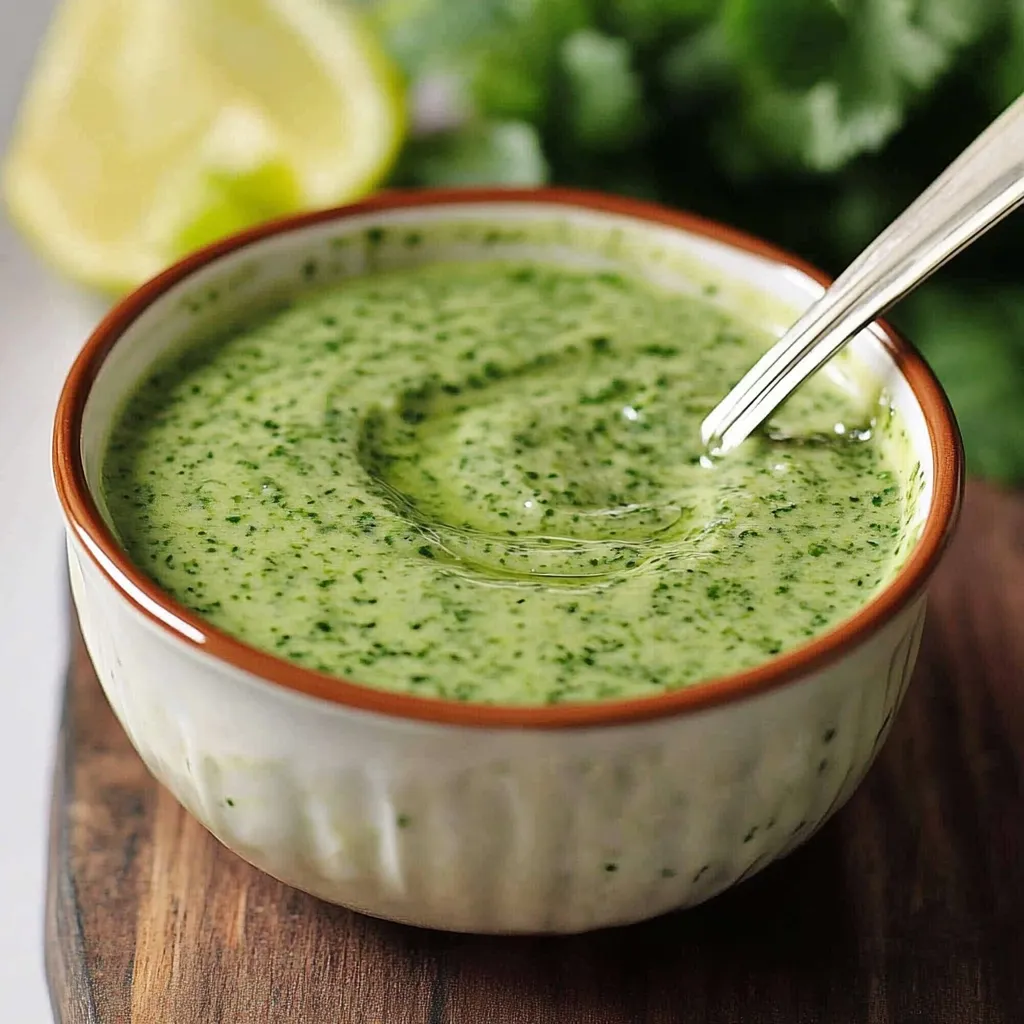 Aderezo cremoso de cilantro y limón servido en un pequeño frasco de vidrio, acompañado de ingredientes frescos.