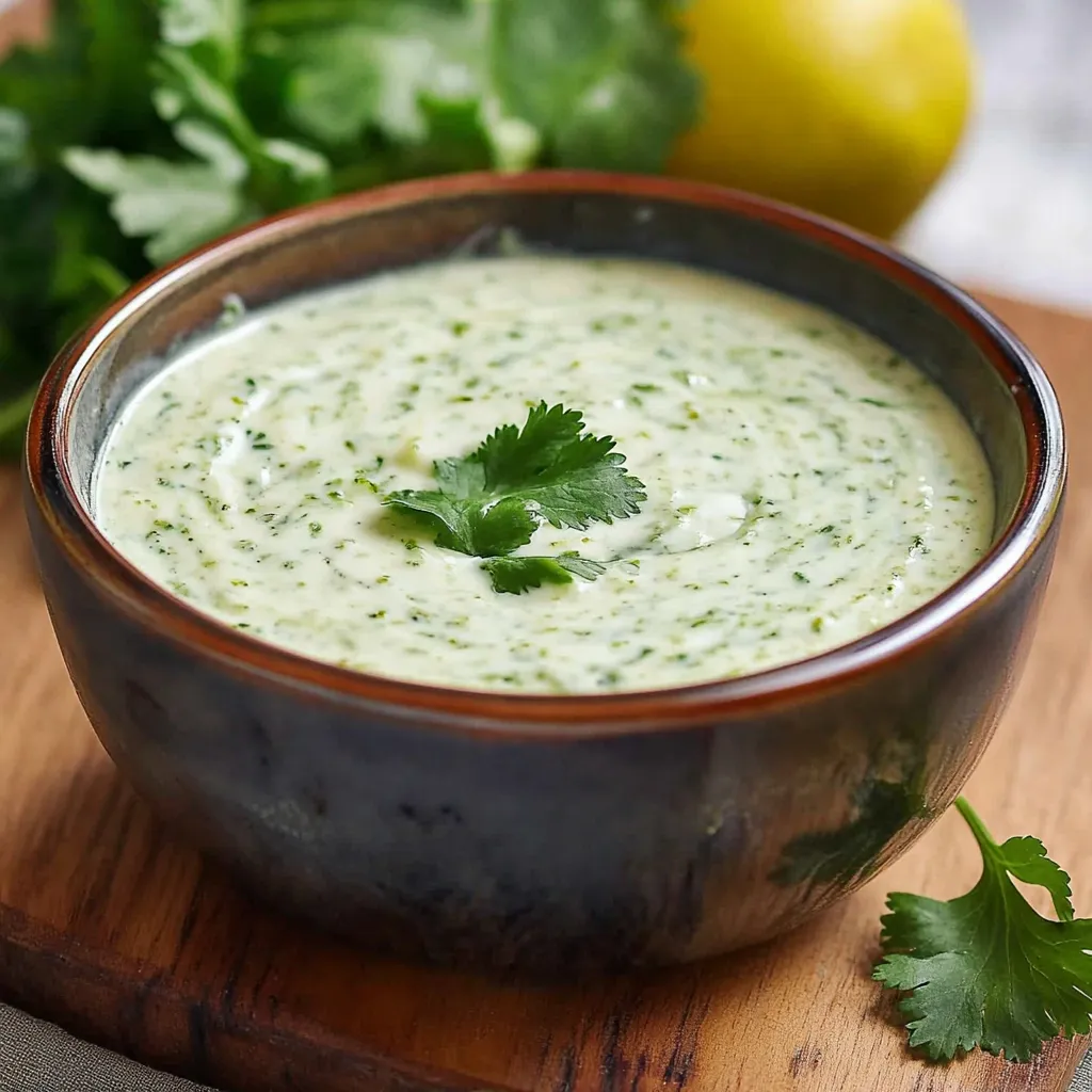 Aderezo cremoso de cilantro y limón servido en un pequeño frasco de vidrio, acompañado de ingredientes frescos.