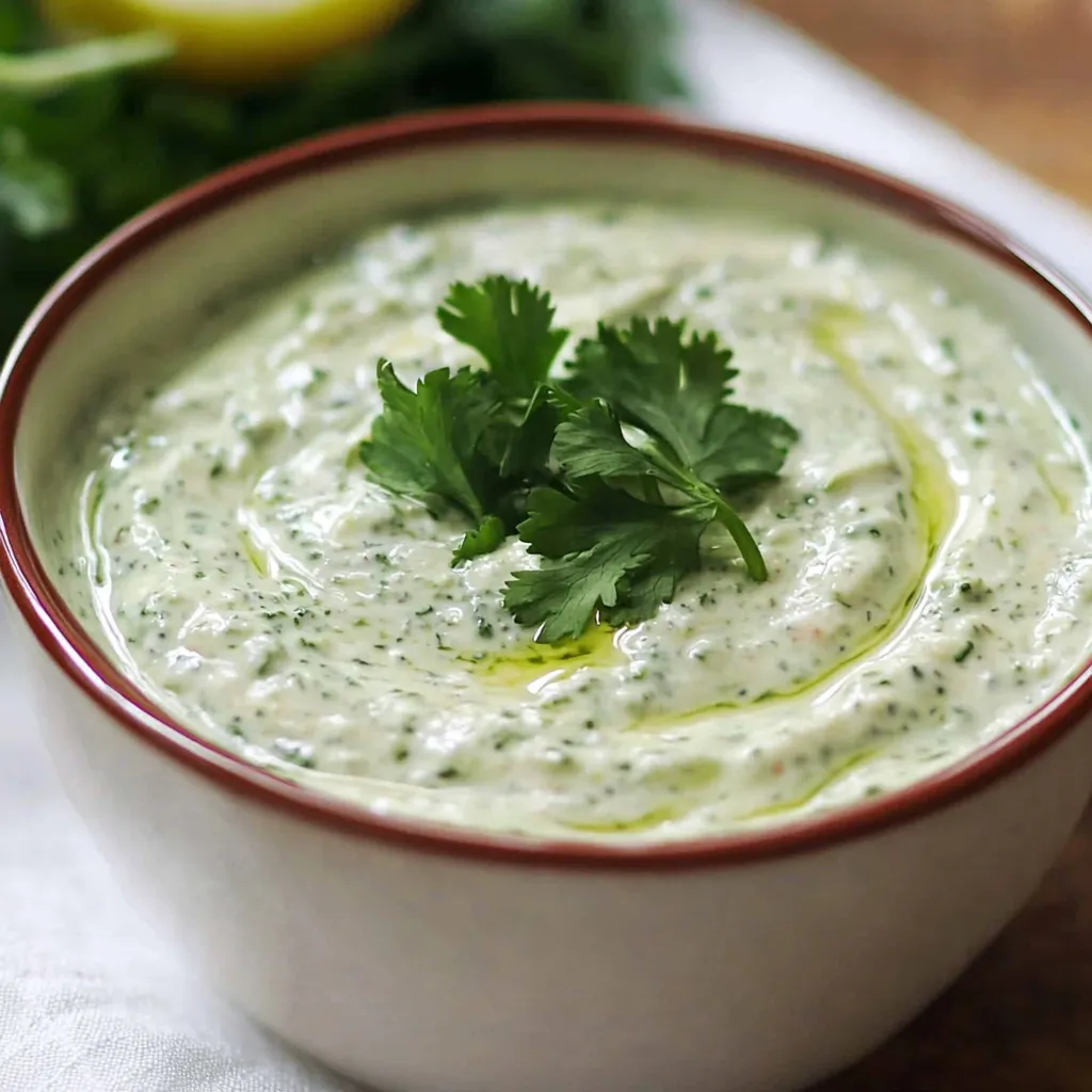 Aderezo cremoso de cilantro y limón servido en un pequeño frasco de vidrio, acompañado de ingredientes frescos.