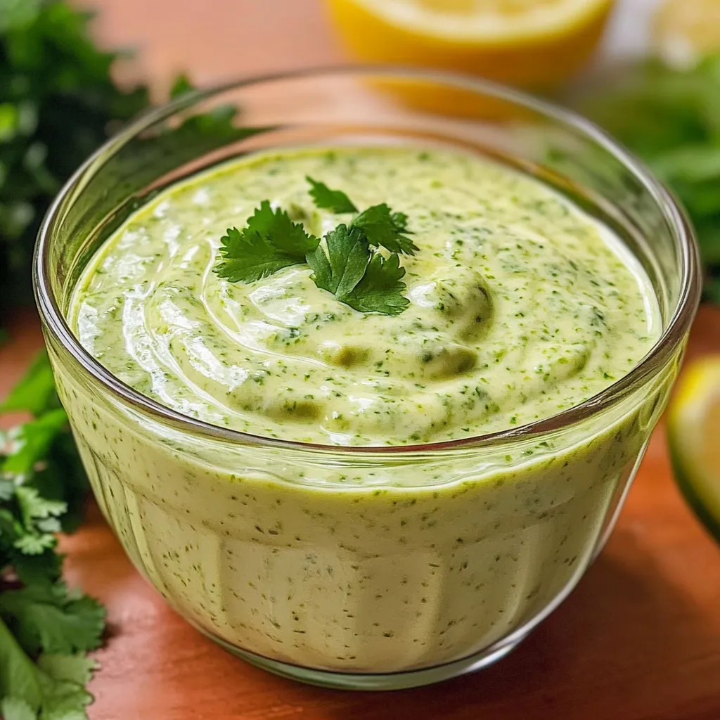 Aderezo cremoso de cilantro y limón servido en un pequeño frasco de vidrio, acompañado de ingredientes frescos.