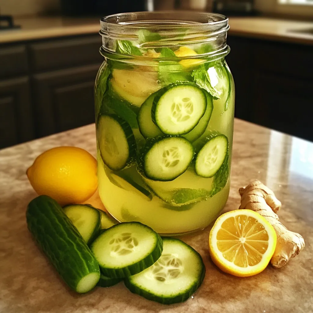 Jarra de agua detox con pepino, jengibre, menta y rodajas de limón en una mesa de cocina.