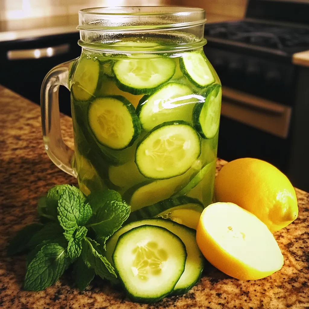 Jarra de agua detox con pepino, jengibre, menta y rodajas de limón en una mesa de cocina.