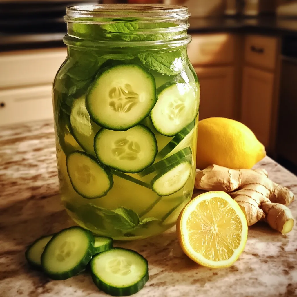Jarra de agua detox con pepino, jengibre, menta y rodajas de limón en una mesa de cocina.