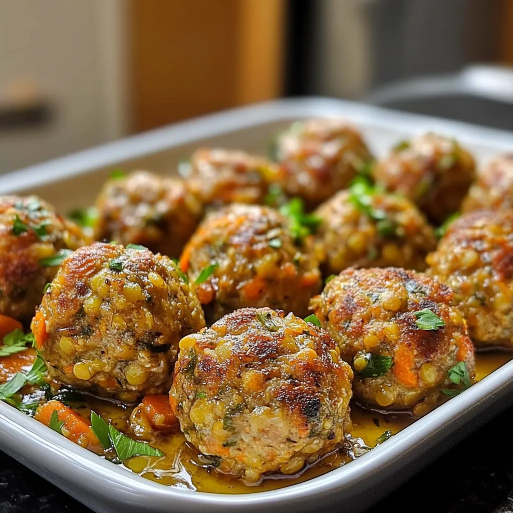 Albóndigas de lentejas y zanahoria recién horneadas servidas con salsa de tomate