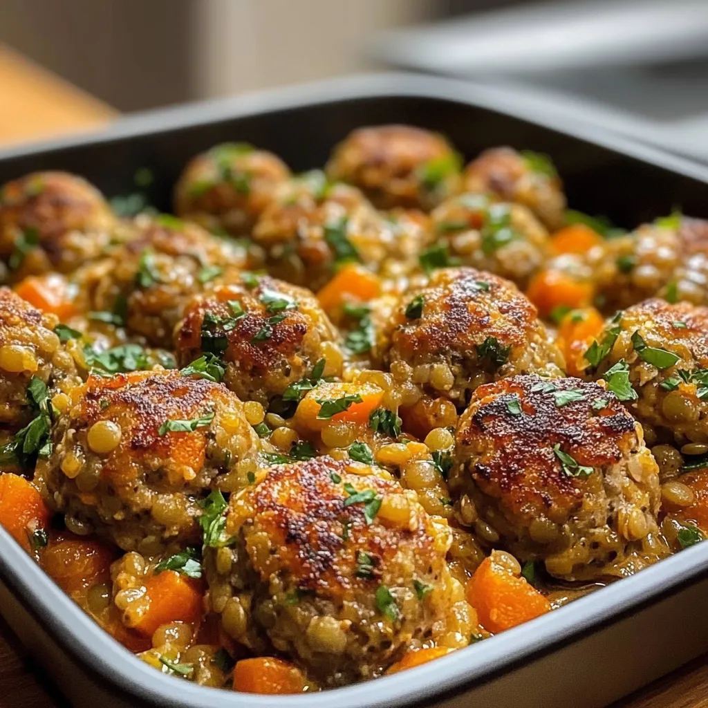 Albóndigas de lentejas y zanahoria recién horneadas servidas con salsa de tomate