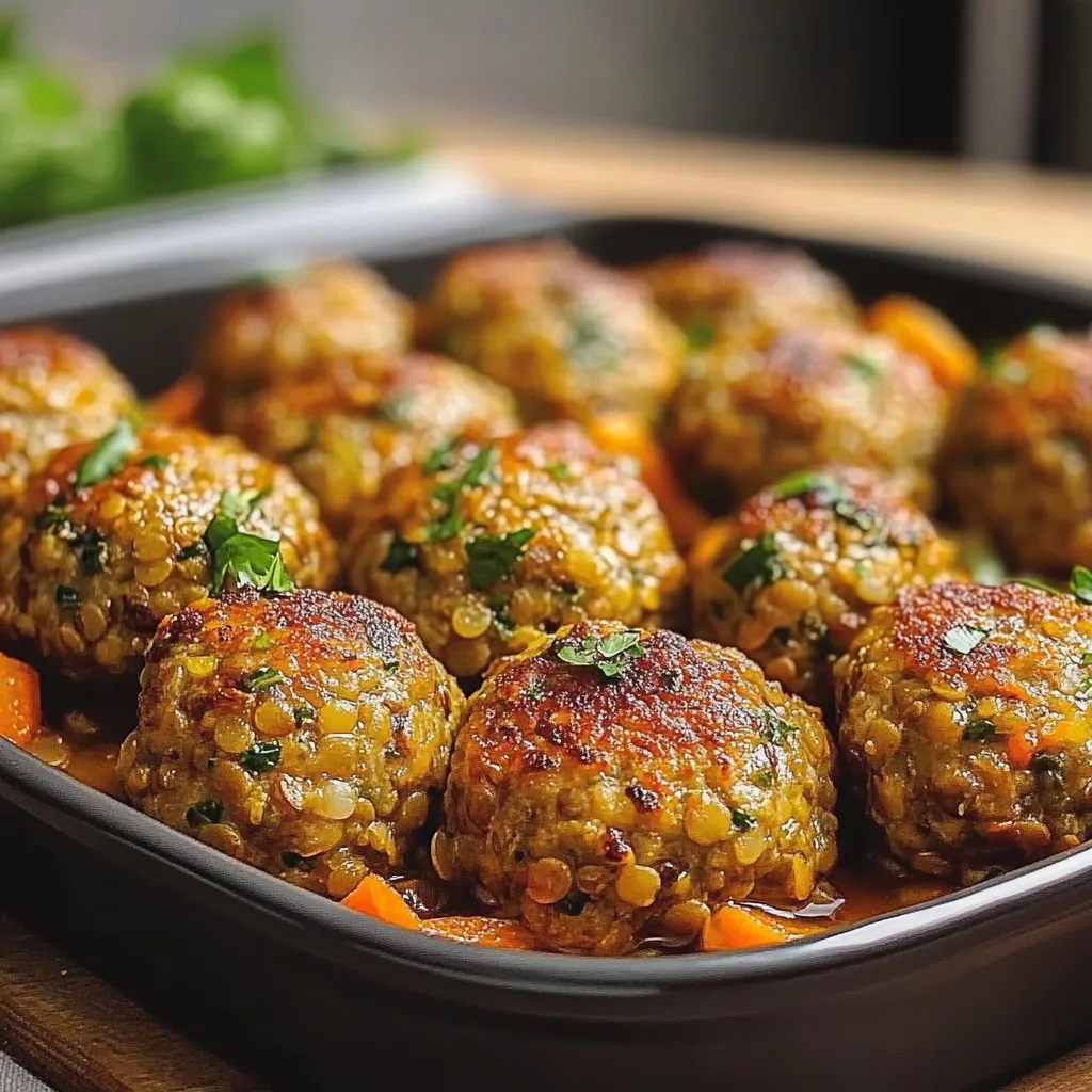 Albóndigas de lentejas y zanahoria recién horneadas servidas con salsa de tomate
