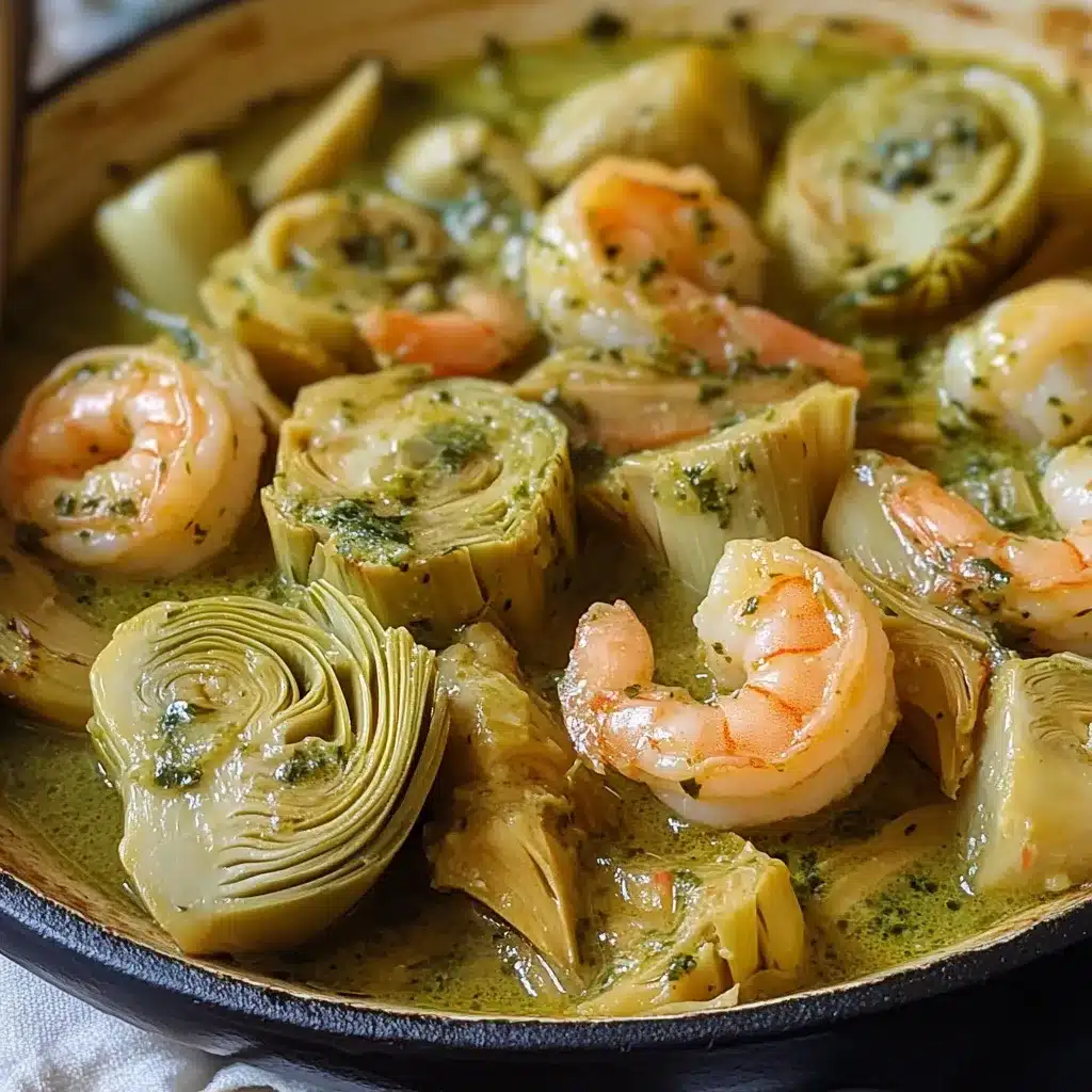 Alcachofas cocidas con gambas en salsa verde, servidas en plato de cerámica