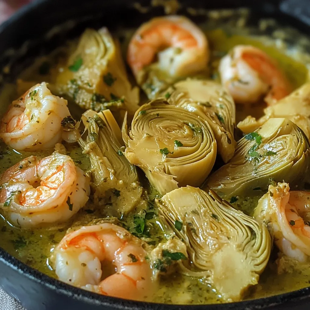 Alcachofas cocidas con gambas en salsa verde, servidas en plato de cerámica