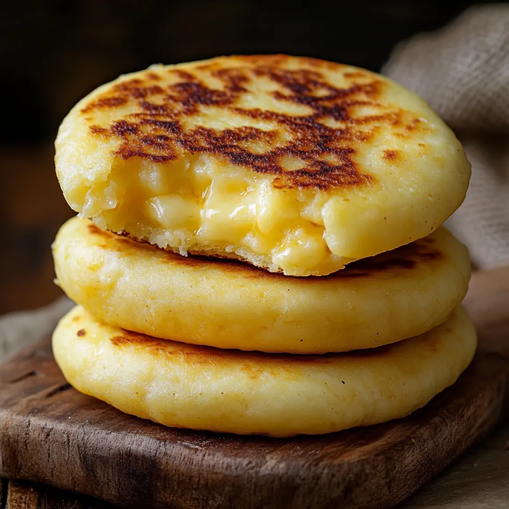 Arepa de queso colombiana dorada en sartén servida con aguacate