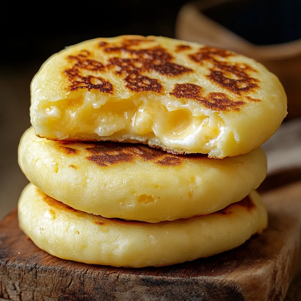 Arepa de queso colombiana dorada en sartén servida con aguacate