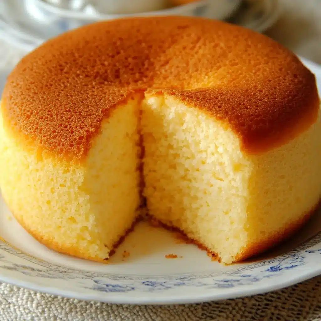 Bizcocho esponjoso recién horneado hecho en licuadora, servido sobre una tabla de madera.