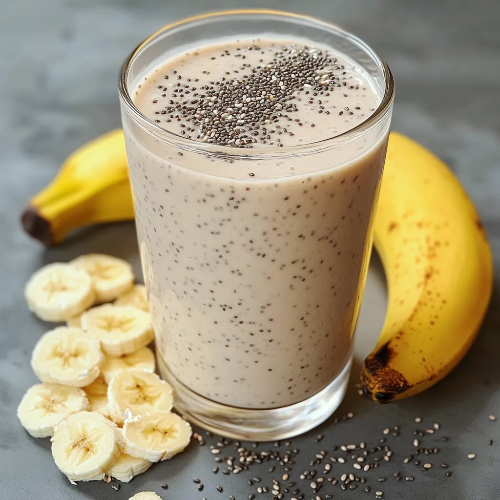 Vaso de batido de plátano, avena y chía servido frío, sobre fondo de madera natural