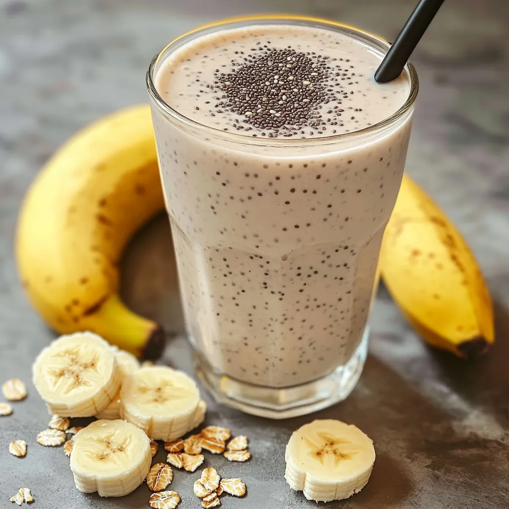 Vaso de batido de plátano, avena y chía servido frío, sobre fondo de madera natural