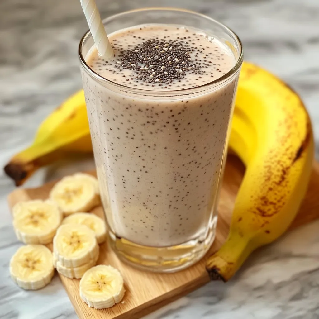 Vaso de batido de plátano, avena y chía servido frío, sobre fondo de madera natural