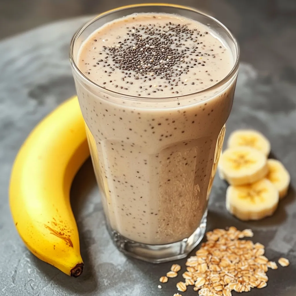 Vaso de batido de plátano, avena y chía servido frío, sobre fondo de madera natural