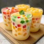 Vaso de bebida de tapioca afrutada con cubos de gelatina colorida y leche servida con hielo