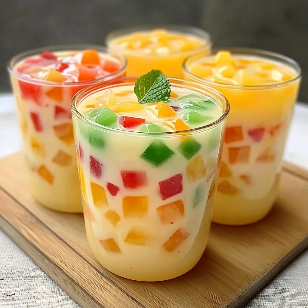 Vaso de bebida de tapioca afrutada con cubos de gelatina colorida y leche servida con hielo