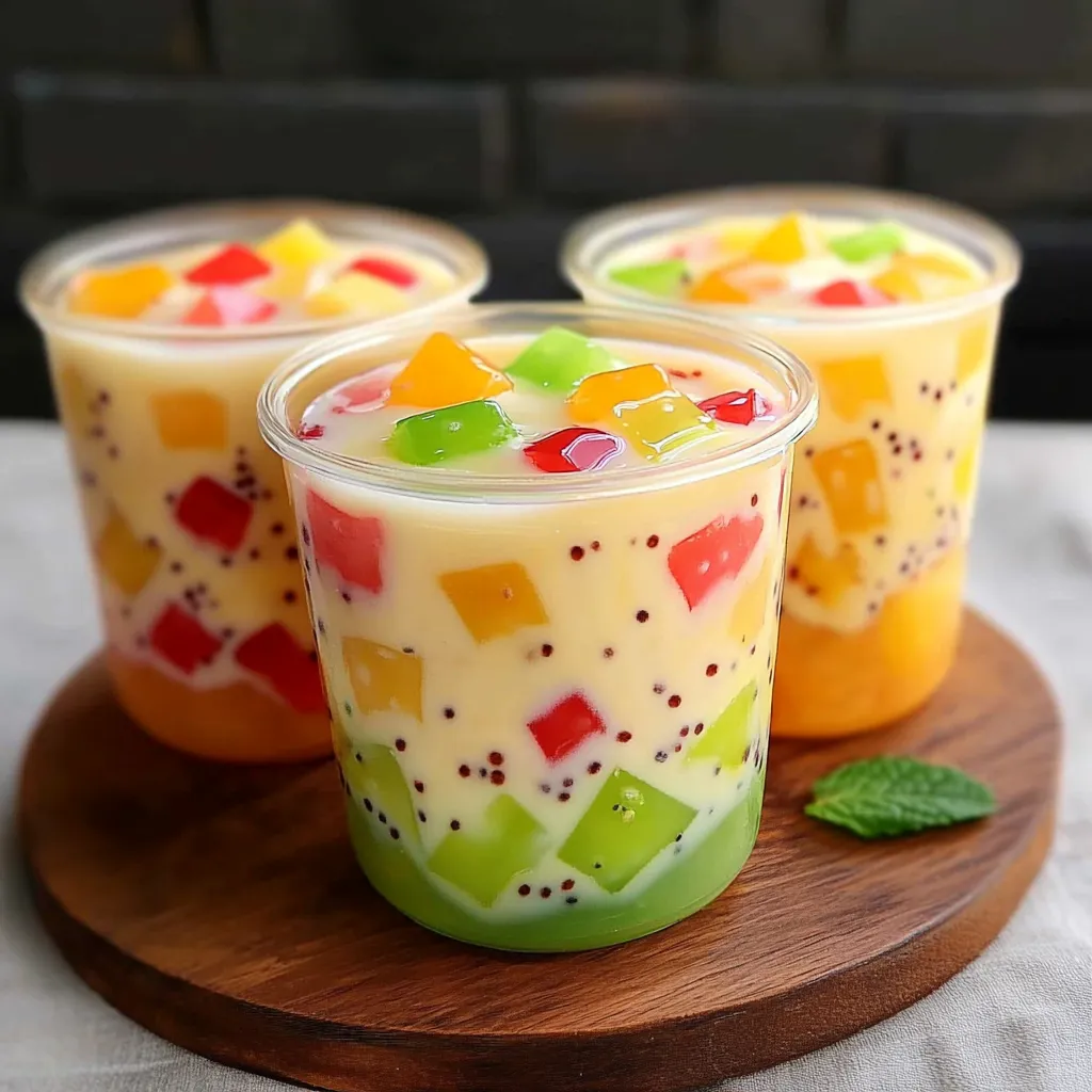 Vaso de bebida de tapioca afrutada con cubos de gelatina colorida y leche servida con hielo