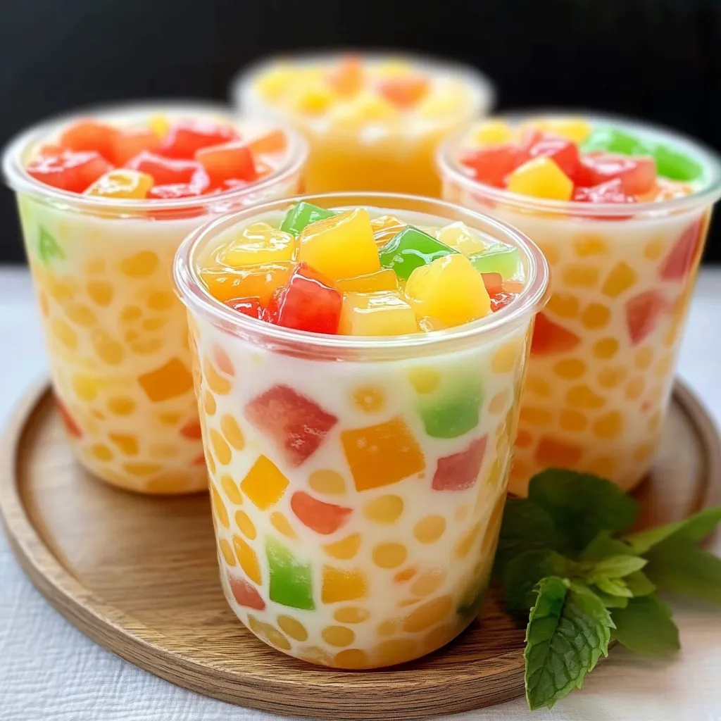 Vaso de bebida de tapioca afrutada con cubos de gelatina colorida y leche servida con hielo