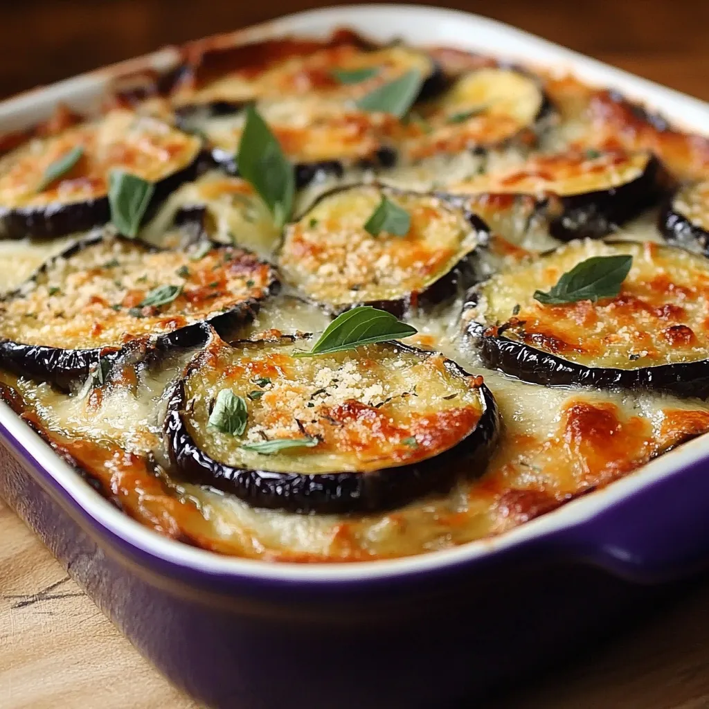 Berenjenas parmesanas al horno recién salidas del horno con queso fundido dorado