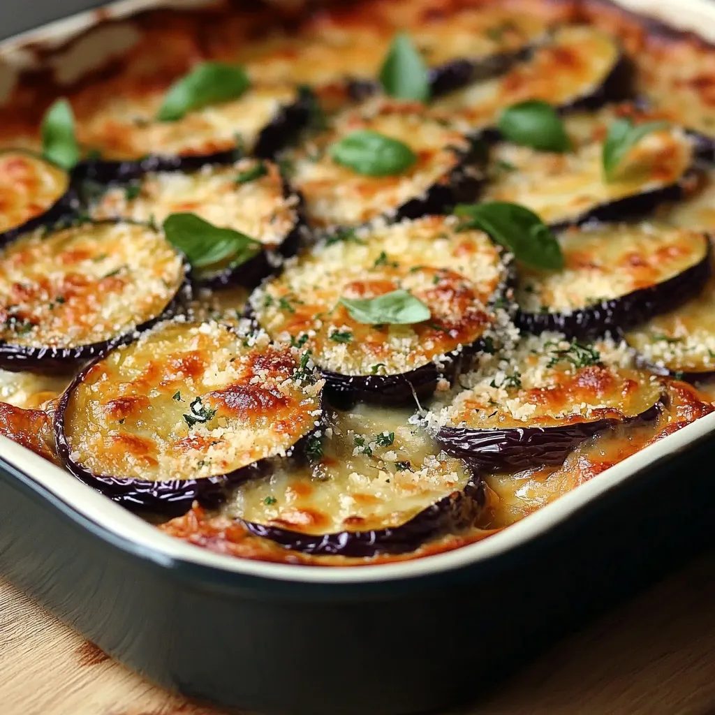 Berenjenas parmesanas al horno recién salidas del horno con queso fundido dorado