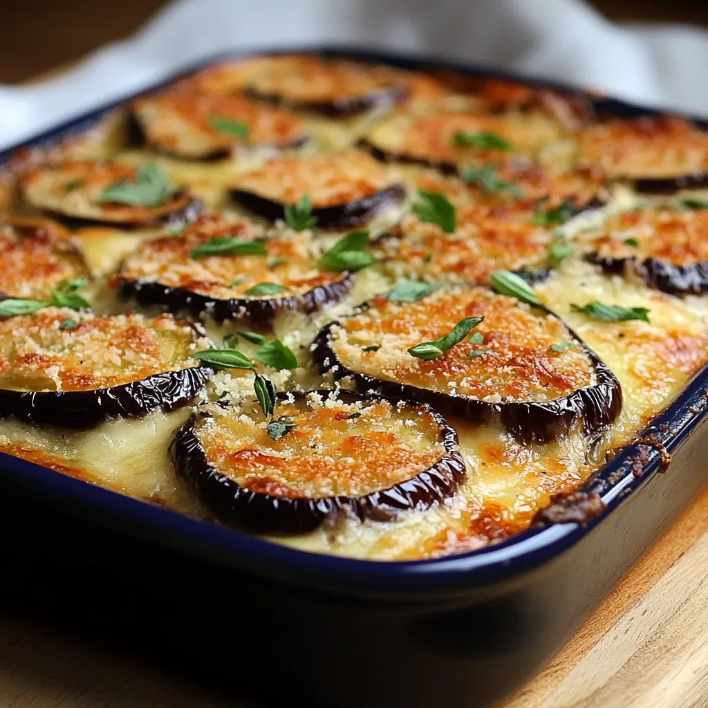 Berenjenas parmesanas al horno recién salidas del horno con queso fundido dorado