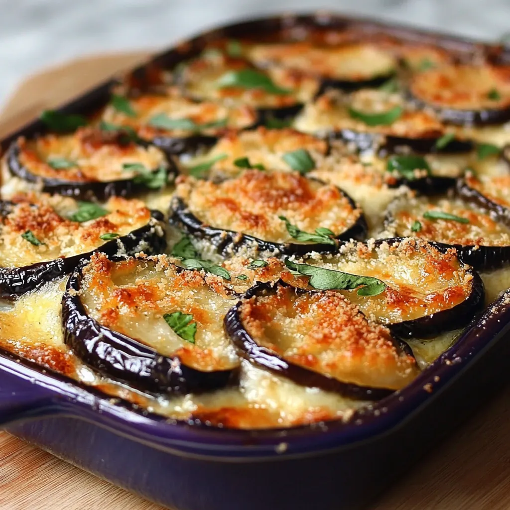 Berenjenas parmesanas al horno recién salidas del horno con queso fundido dorado